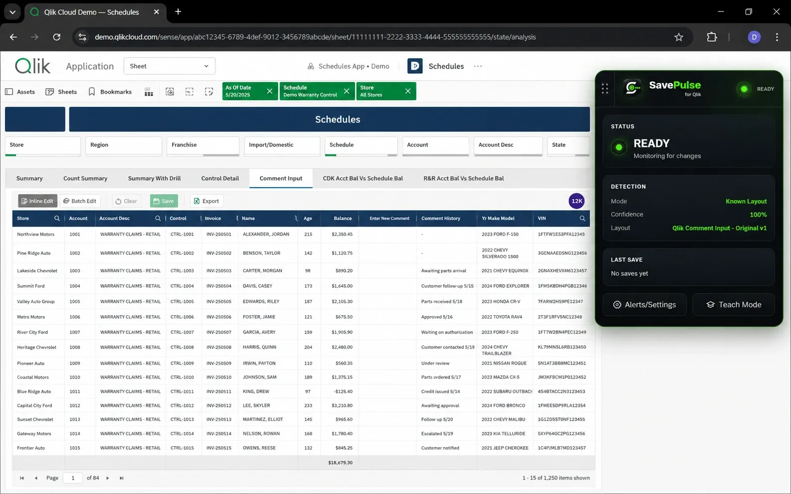 SavePulse’s READY panel in a Qlik Cloud note workspace with synthetic demo data