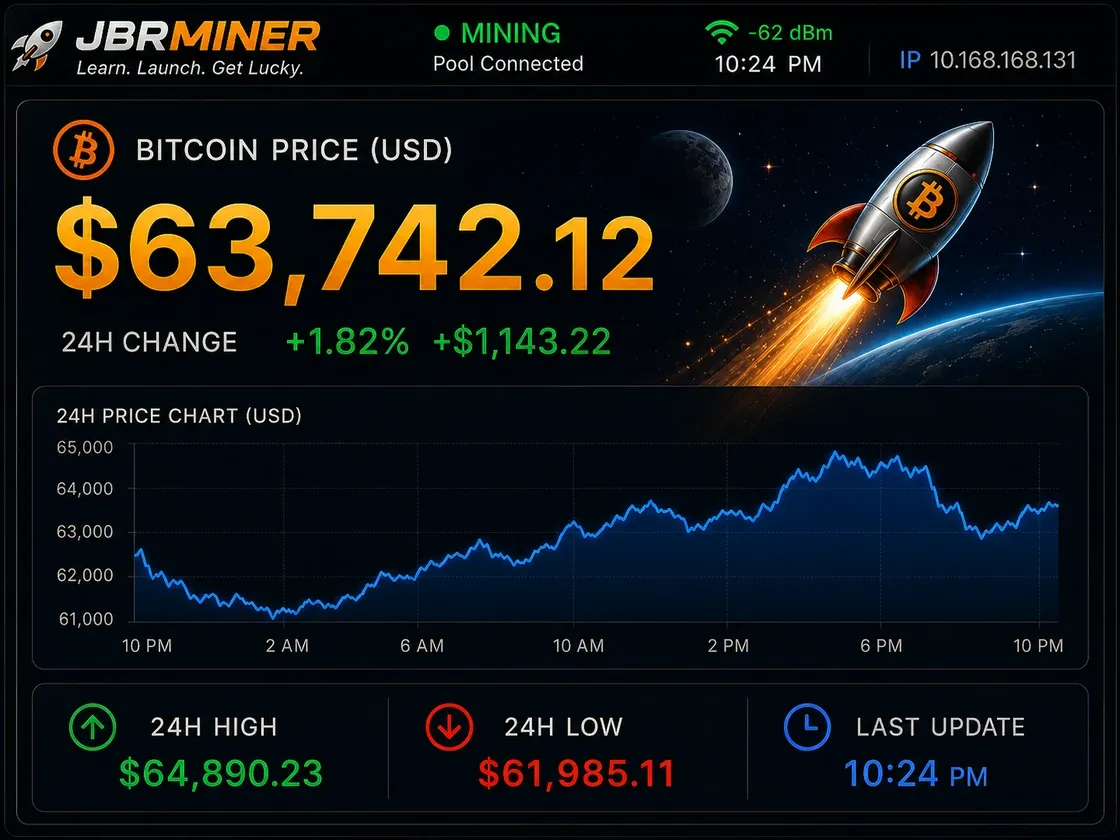 Approved JBR Miner Bitcoin price screen reference with a 24-hour price chart, daily high and low, and price change.