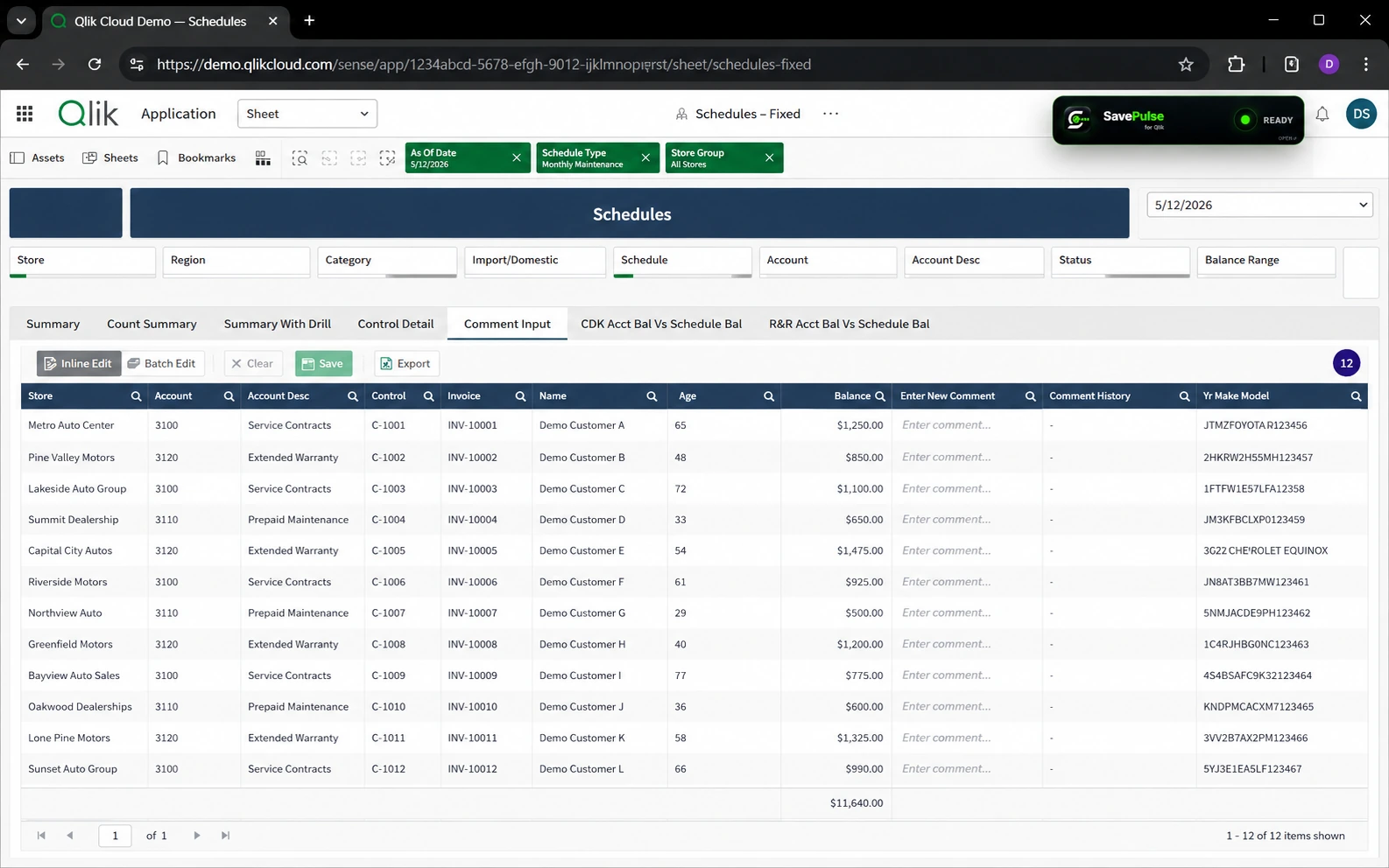 SavePulse compact READY bar in a synthetic Qlik Cloud demo, leaving the workspace visible.