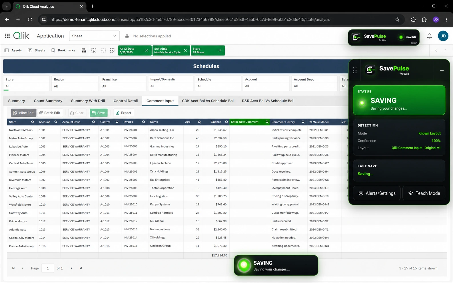 SavePulse SAVING state and optional on-page saving alert over synthetic Qlik Cloud demo records.