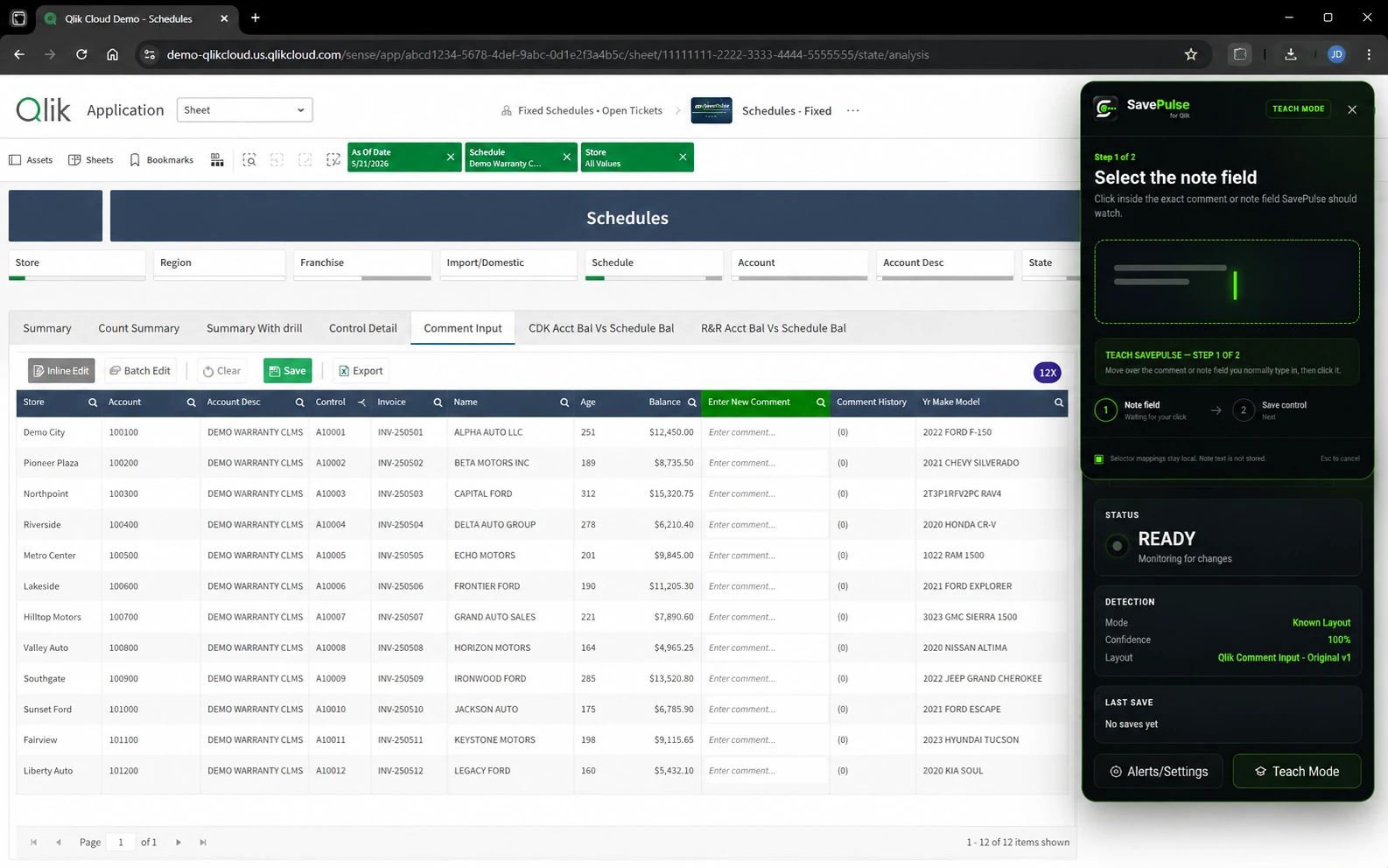 Teach SavePulse asking the user to select the exact note field over synthetic Qlik Cloud demo data.